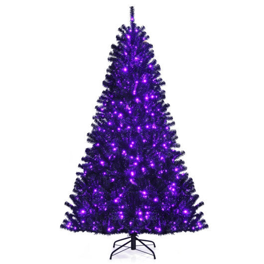 Costway Black Artificial Christmas Halloween Tree with Purple LED Lights-7 ft