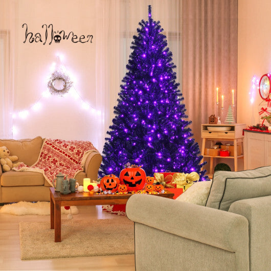 Costway Black Artificial Christmas Halloween Tree with Purple LED Lights-7 ft