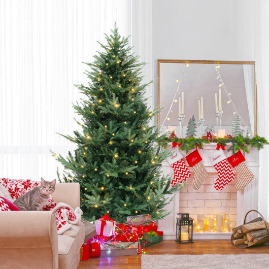 Costway 7 FT Pre-Lit Artificial Hinged Xmas Tree with 778/1480 PVC and PE Branch Tips-L