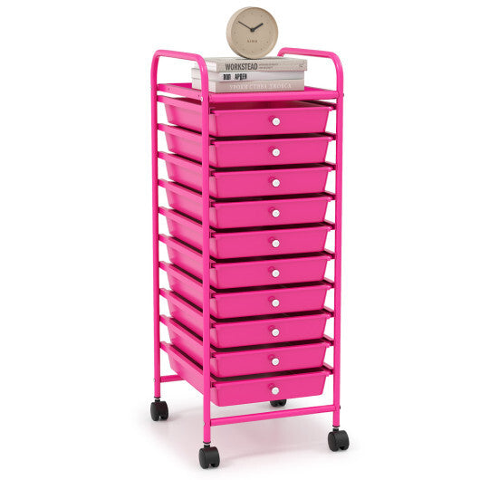 Costway 10 Drawer Rolling Storage Cart Organizer with 4 Universal Casters-Pink