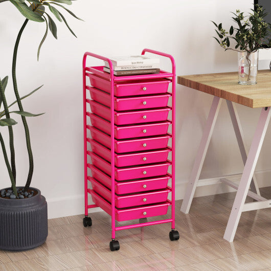 Costway 10 Drawer Rolling Storage Cart Organizer with 4 Universal Casters-Pink