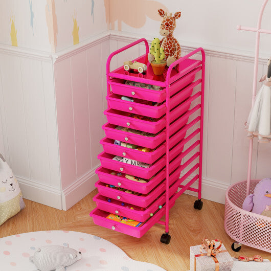 Costway 10 Drawer Rolling Storage Cart Organizer with 4 Universal Casters-Pink