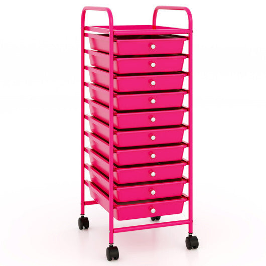 Costway 10 Drawer Rolling Storage Cart Organizer with 4 Universal Casters-Pink