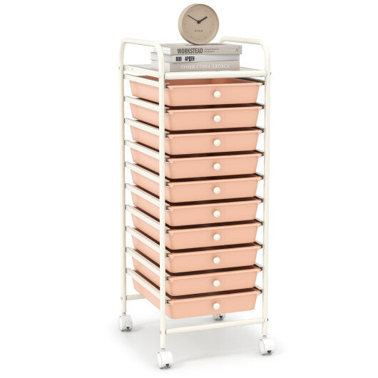 Costway 10 Drawer Rolling Storage Cart Organizer with 4 Universal Casters-Cherry