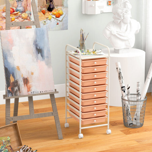Costway 10 Drawer Rolling Storage Cart Organizer with 4 Universal Casters-Cherry