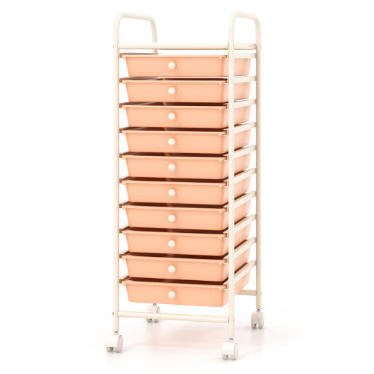 Costway 10 Drawer Rolling Storage Cart Organizer with 4 Universal Casters-Cherry
