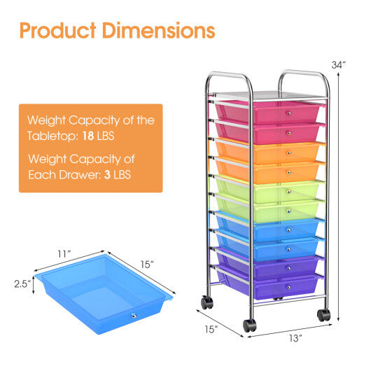 Costway 10 Drawer Rolling Storage Cart Organizer with 4 Universal Casters-Color