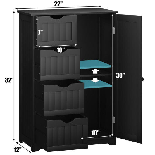 Costway Bathroom Storage Wooden 4 Drawer Cabinet Cupboard 2 Shelves Free Standing Black
