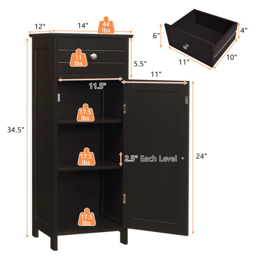 Costway Bathroom Storage Floor Cabinet Organizer Free-Standing w/ Drawer Brown