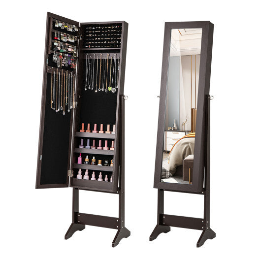 Costway Mirrored Standing Jewelry Cabinet Storage Box Rustic Brown