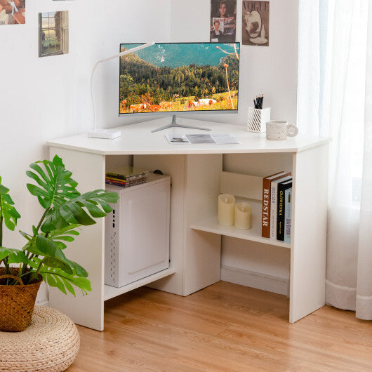 Costway Corner Computer Desk Triangle Writing Workstation with Storage Shelf White