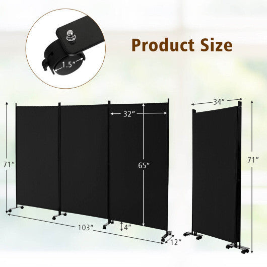 Costway 3-Panel Folding Room Divider 6Ft Rolling Privacy Screen with Lockable Wheels Black