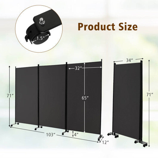 Costway 3-Panel Folding Room Divider 6Ft Rolling Privacy Screen withLockable Wheels Grey