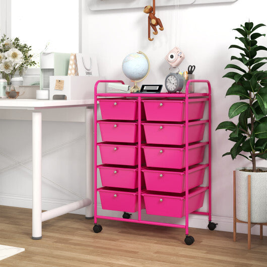 Costway 10-Drawer Rolling Storage Cart-Pink