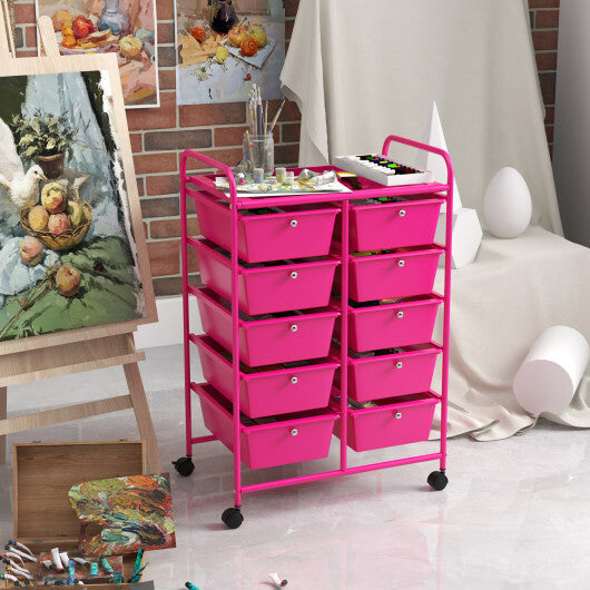 Costway 10-Drawer Rolling Storage Cart-Pink