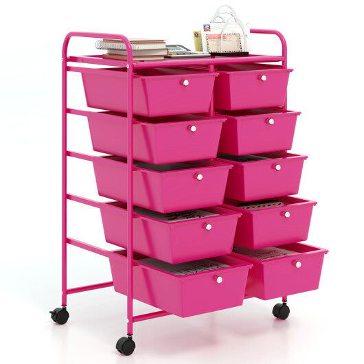 Costway 10-Drawer Rolling Storage Cart-Pink