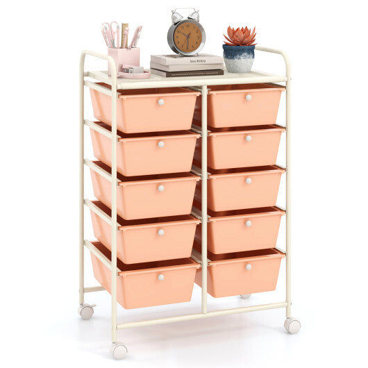 Costway 10-Drawer Rolling Storage Cart-Peach