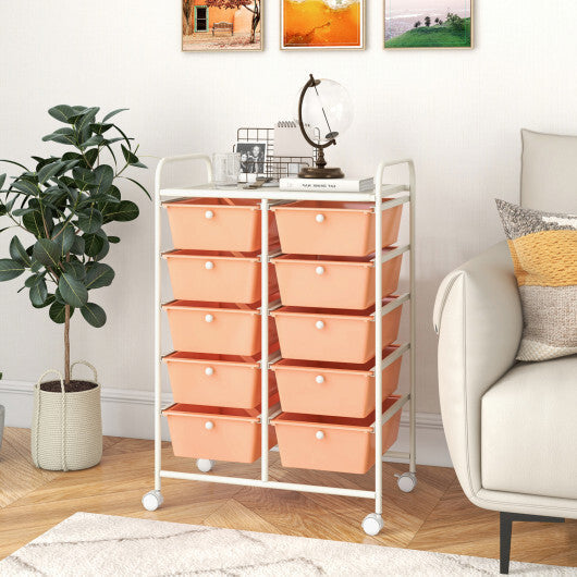 Costway 10-Drawer Rolling Storage Cart-Peach