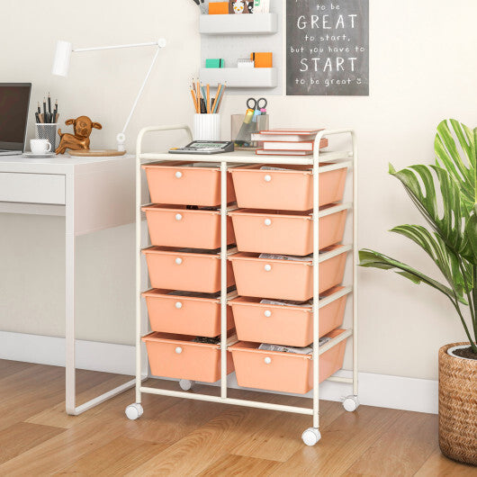 Costway 10-Drawer Rolling Storage Cart-Peach