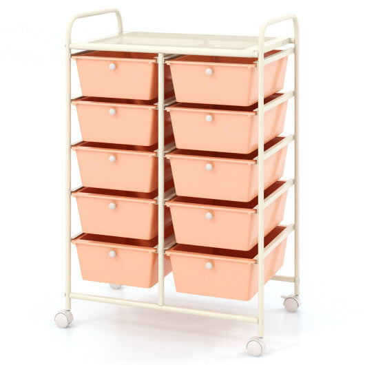 Costway 10-Drawer Rolling Storage Cart-Peach