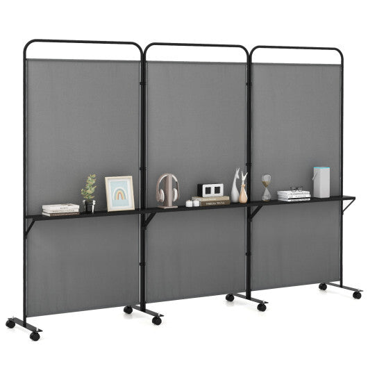 Costway 3-Panel Folding Room Divider with 3 Metal Shelves and Lockable Wheels-Gray