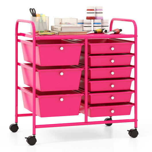 Costway 9-Drawer Rolling Storage Cart with Colorful Drawers and Metal Frame-Light Pink