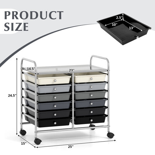 Costway 12 Drawers Rolling Storage Cart for Home and Office-Gradient Grey