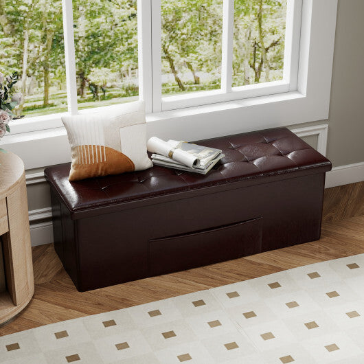 Costway 43 Inches Folding Storage Ottoman Bench Foot Rest Stool End of Bed Bench Brown