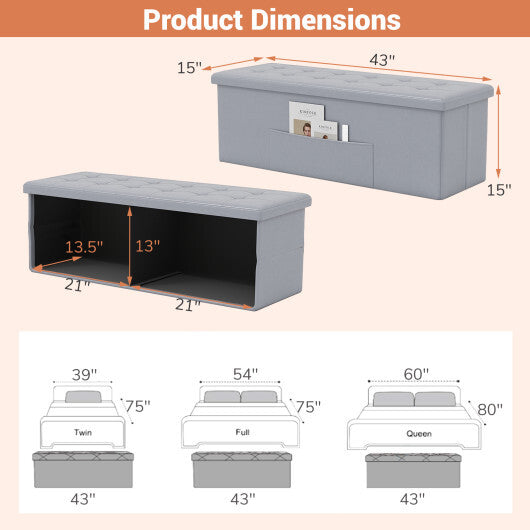 Costway 43 Inches Folding Storage Ottoman Bench Foot Rest Stool End of Bed Bench Gray