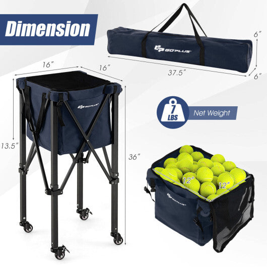Costway Lightweight Foldable Tennis Ball Teaching Cart with Wheels and Removable Bag-Blue