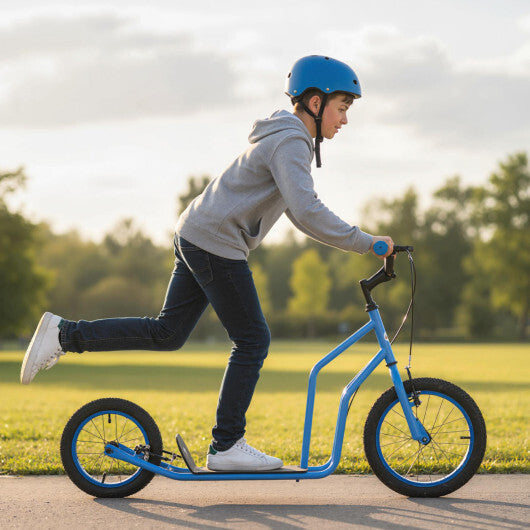 Costway Youth Scooter with Adjustable Handlebar and 16/14-Inch Inflatable Wheels for Age 8+ Years Old-Blue