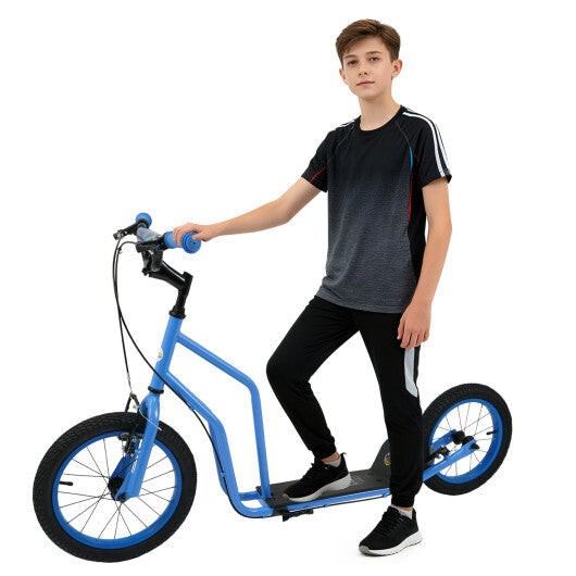 Costway Youth Scooter with Adjustable Handlebar and 16/14-Inch Inflatable Wheels for Age 8+ Years Old-Blue