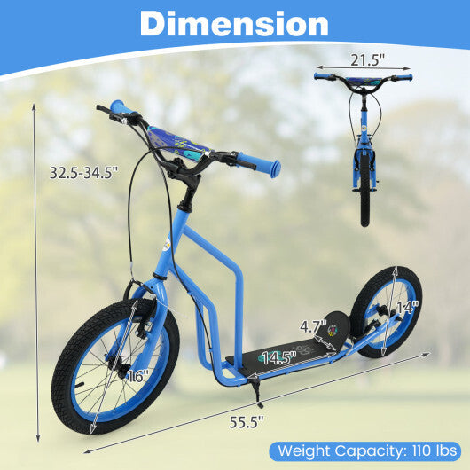 Costway Youth Scooter with Adjustable Handlebar and 16/14-Inch Inflatable Wheels for Age 8+ Years Old-Blue