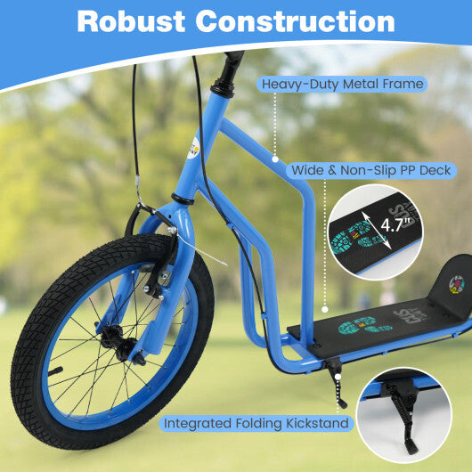 Costway Youth Scooter with Adjustable Handlebar and 16/14-Inch Inflatable Wheels for Age 8+ Years Old-Blue
