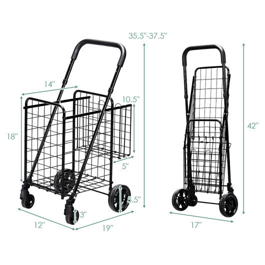 Costway Folding Shopping Cart Jumbo Basket Rolling Utility Trolley Adjustable Handle