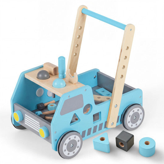 Costway 2-in-1 Wooden Baby Walker with Adjustable Speed and Bottom Storage-Blue