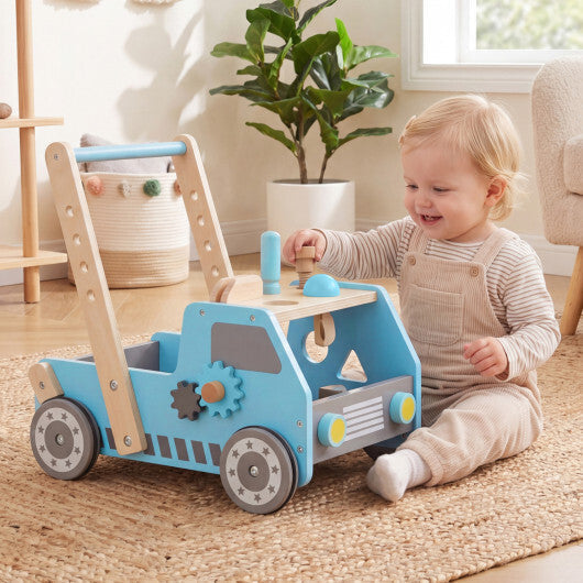 Costway 2-in-1 Wooden Baby Walker with Adjustable Speed and Bottom Storage-Blue