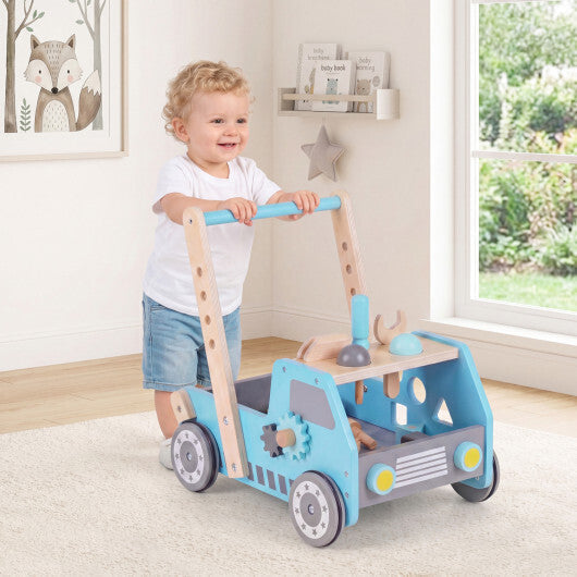 Costway 2-in-1 Wooden Baby Walker with Adjustable Speed and Bottom Storage-Blue