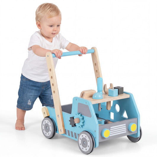 Costway 2-in-1 Wooden Baby Walker with Adjustable Speed and Bottom Storage-Blue