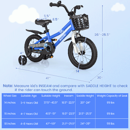 Prorider 14'' Kid's Bike with Removable Training Wheels & Basket for 3-5 Years Old Blue