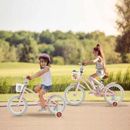Costway 14'' Kid's Bike with Removable Training Wheels & Basket for 3-5 Years Old Pink