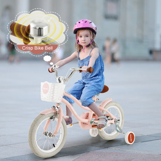 Costway 14'' Kid's Bike with Removable Training Wheels & Basket for 3-5 Years Old Pink
