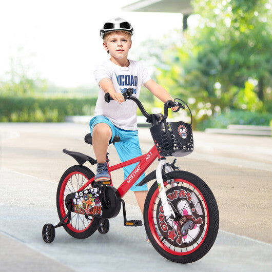 Costway 18 Inch Kids Bike Adjustable with Storage Basket and Double Brake for 4-8 Years Old Red