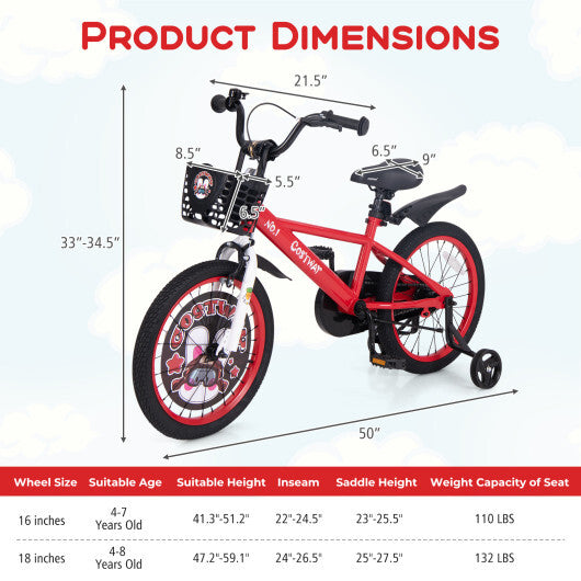 Costway 18 Inch Kids Bike Adjustable with Storage Basket and Double Brake for 4-8 Years Old Red