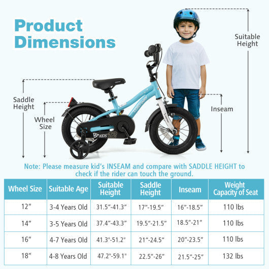 Costway 12-Inch Kids Bike for 3-4 Years Old Children Bicycle with Training Wheels