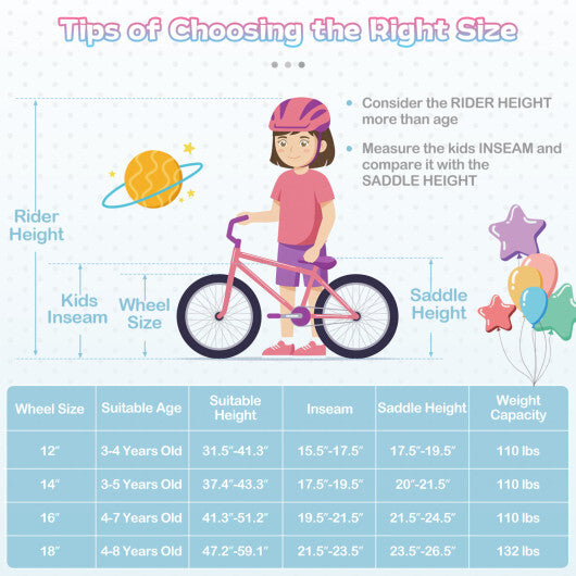 Costway 14 Inch Kids Bike Adjustable with Basket and Streamers Blue for Kids Aged 3-5 Years Old - Princess of the Sea Theme