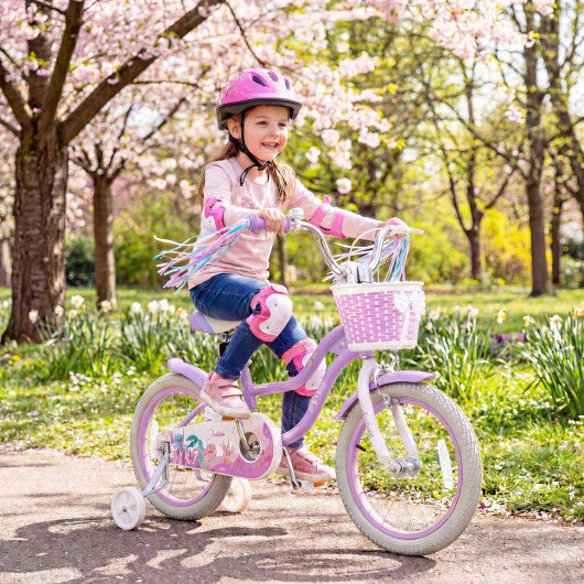Costway 16 Inch Kids Bike Adjustable with Basket and Streamers Purple - Princess of the Sea Theme