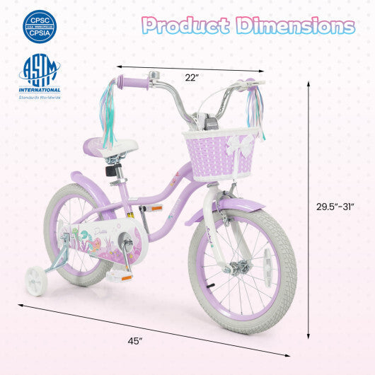Costway 16 Inch Kids Bike Adjustable with Basket and Streamers Purple - Princess of the Sea Theme