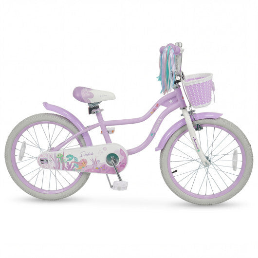 Costway 20 Inch Kids Bike Adjustable with Basket and Streamers Purple - Princess of the Sea Theme