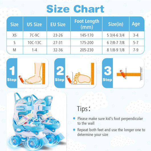 Costway Kids Roller Skates 4 Sizes Adjustable with Light-up Wheels for Toddler Aged 3-4 (XS)-Blue